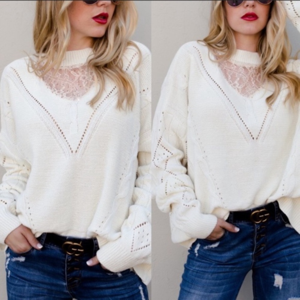 Cozy cream lace oversized sweater top Minimalist - Picture 2 of 4